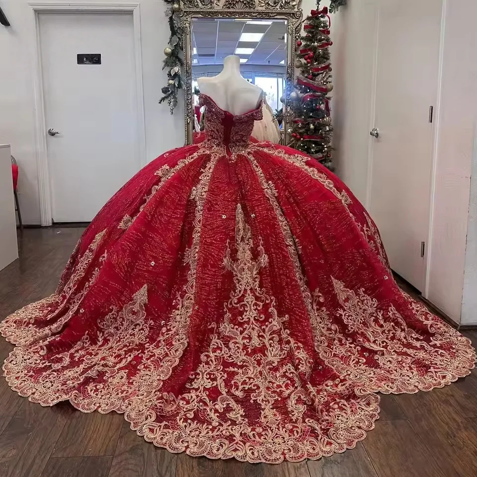Charro vermelho quinceanera vestidos de baile querida frisado apliques brilhante mexicano doce 16 vestidos 15 anos personalizado