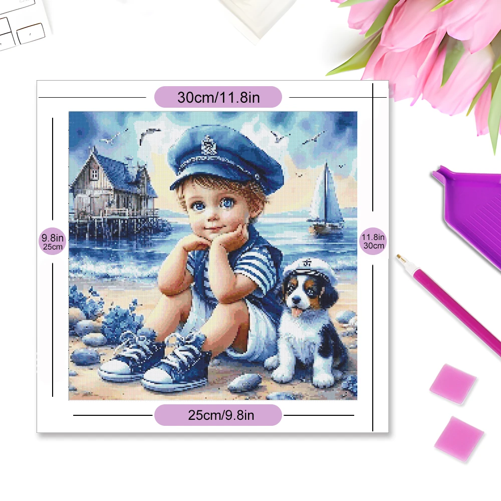 Momoart Full Diamond Painting Kid Boy Portrait Picture Of Rhinestones Mosaic Dog DIY Embroidery Seasdie Home Decor