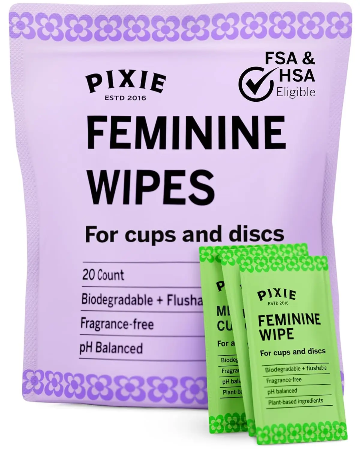 

Flushable Feminine Wipes - pH Balanced, Biodegradable - Individually Wrapped for On-The-Go & Menstrual Cup Care (20 Pack)