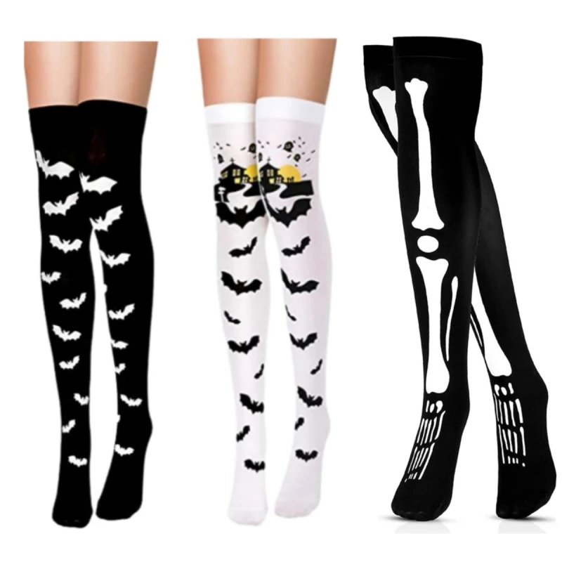 Halloween Bat Cross Printed Pattern Stockings Holiday Dance Party Props Silk Stockings Polyester Stretch Knee Women's Socks