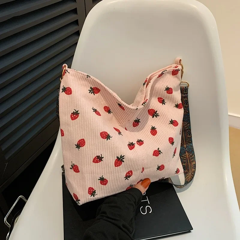 Corduroy strawberry print shoulder messenger bag tote bag
