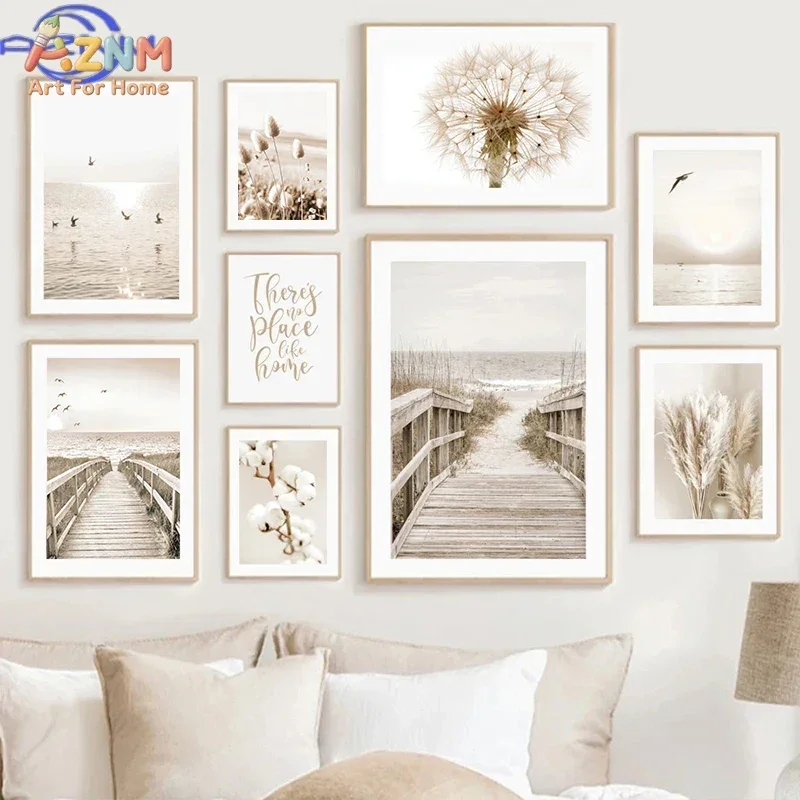 AZNM Boho Neutral Beige Coastal Canvas Wall Art Beach Boardwalk Dandelion Pampas Grass Cotton Botanical Nature Scenery Inspirati