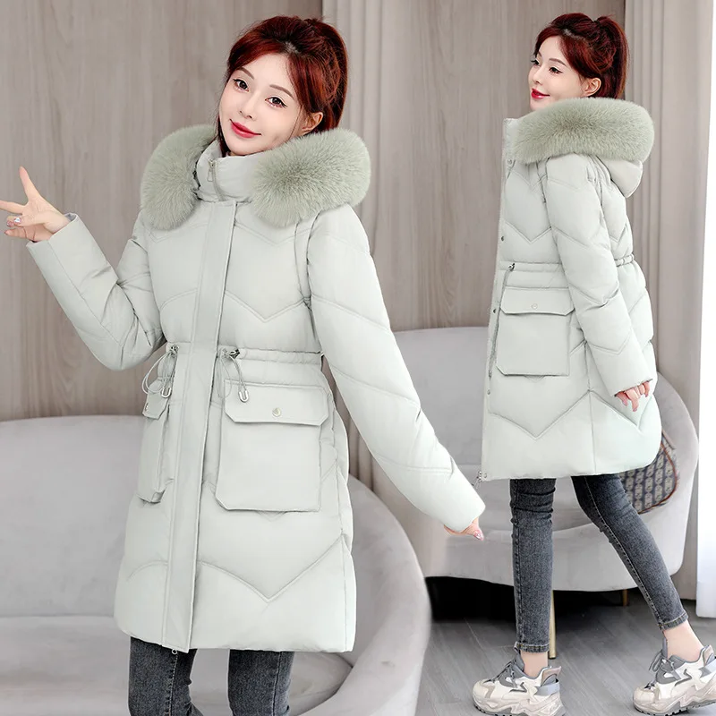Solid Hooded Spliced Parkas Women Tight Waist Zipper Midi Jackets Long Sleeve Fur Collar Pockets Casual Coats Warm Winter 2025