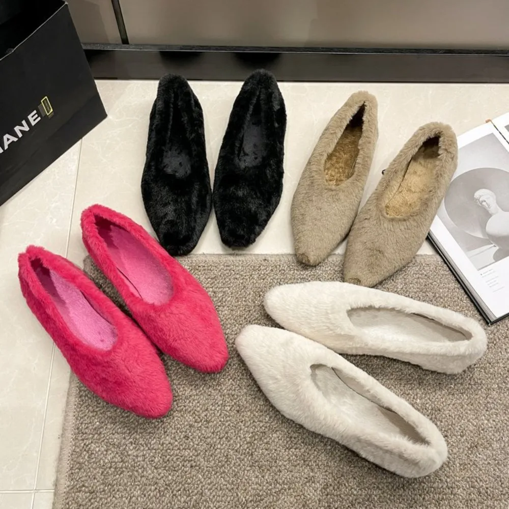 Fashion Pointed Toe Fur Ballet Flat Woman Winter Warm Plush Shallow Shoes Ladies Concise Furry Heeled Dress Shoes Zapatos Mujer