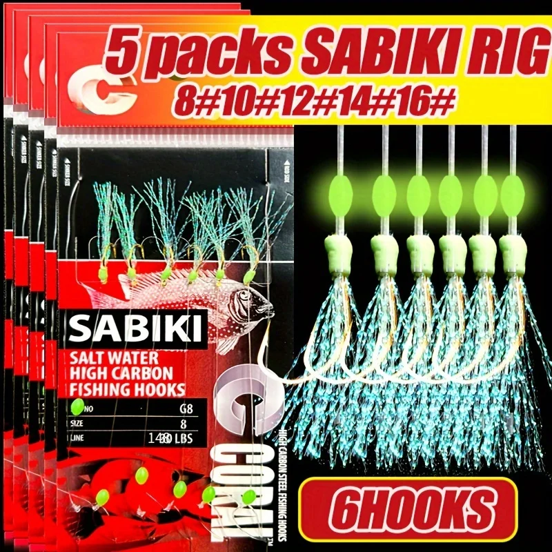 TAKBAS 1/5 Packs Sabiki Rigs, Fishing Bait Rigs, Luminous Sea Fishing Rig with High Carbon Fishing Hooks,for Fresh/Saltwater