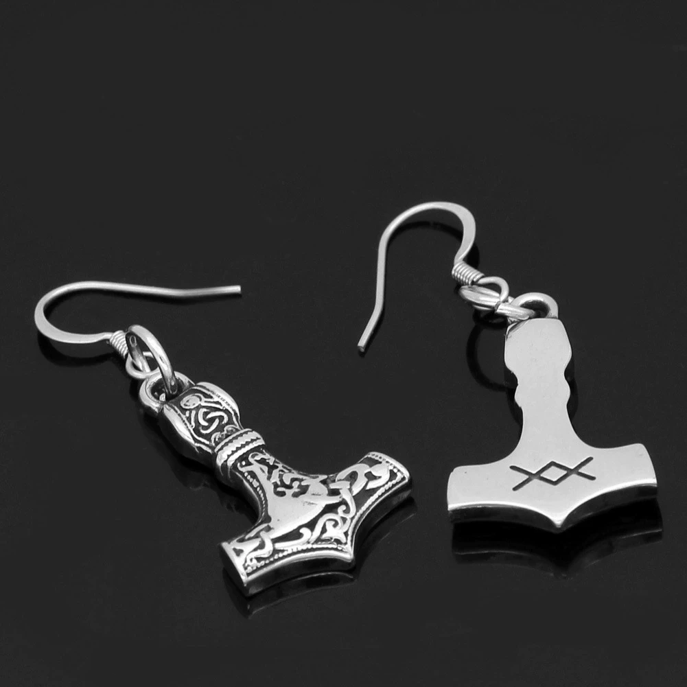 Nordic Viking Rune Earrings Small Thor Hammer Mjolnir Stainless Steel Earrings with Gift Bag