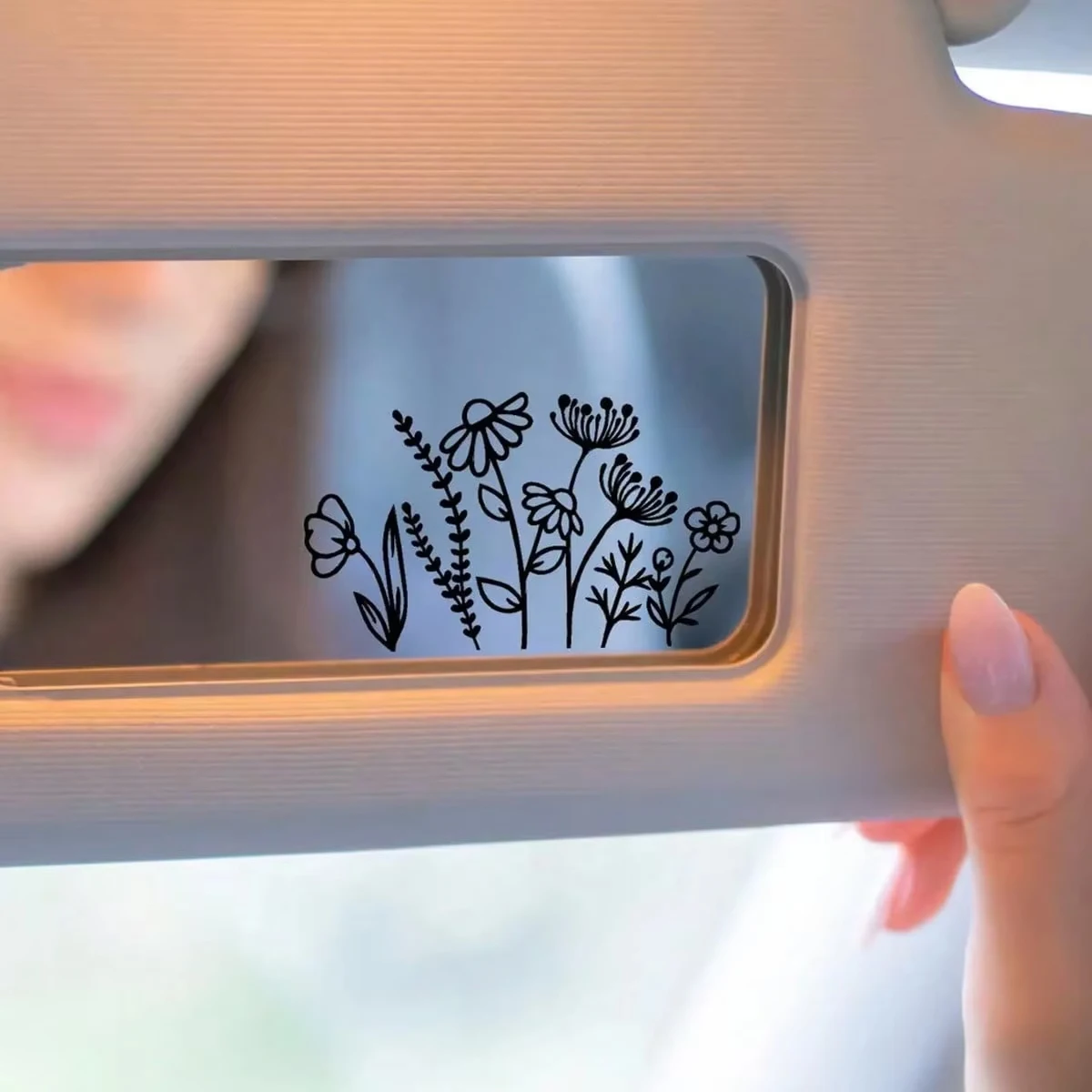 Minimalist Wildflower Line Art Car Sticker, Self-Adhesive Decor Decal for Car Sun Visor Makeup Mirror