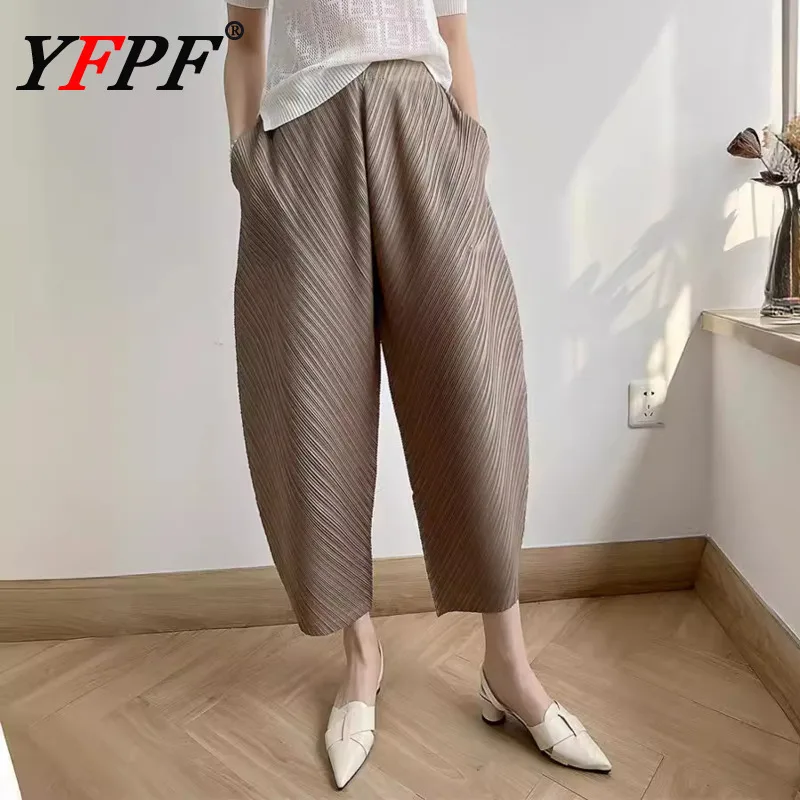 

YFPF Miyake Pleated Women's Pants High Waist Solid Color Loose Versatile Wide Leg Trousers Fashion 2025 New Clothing