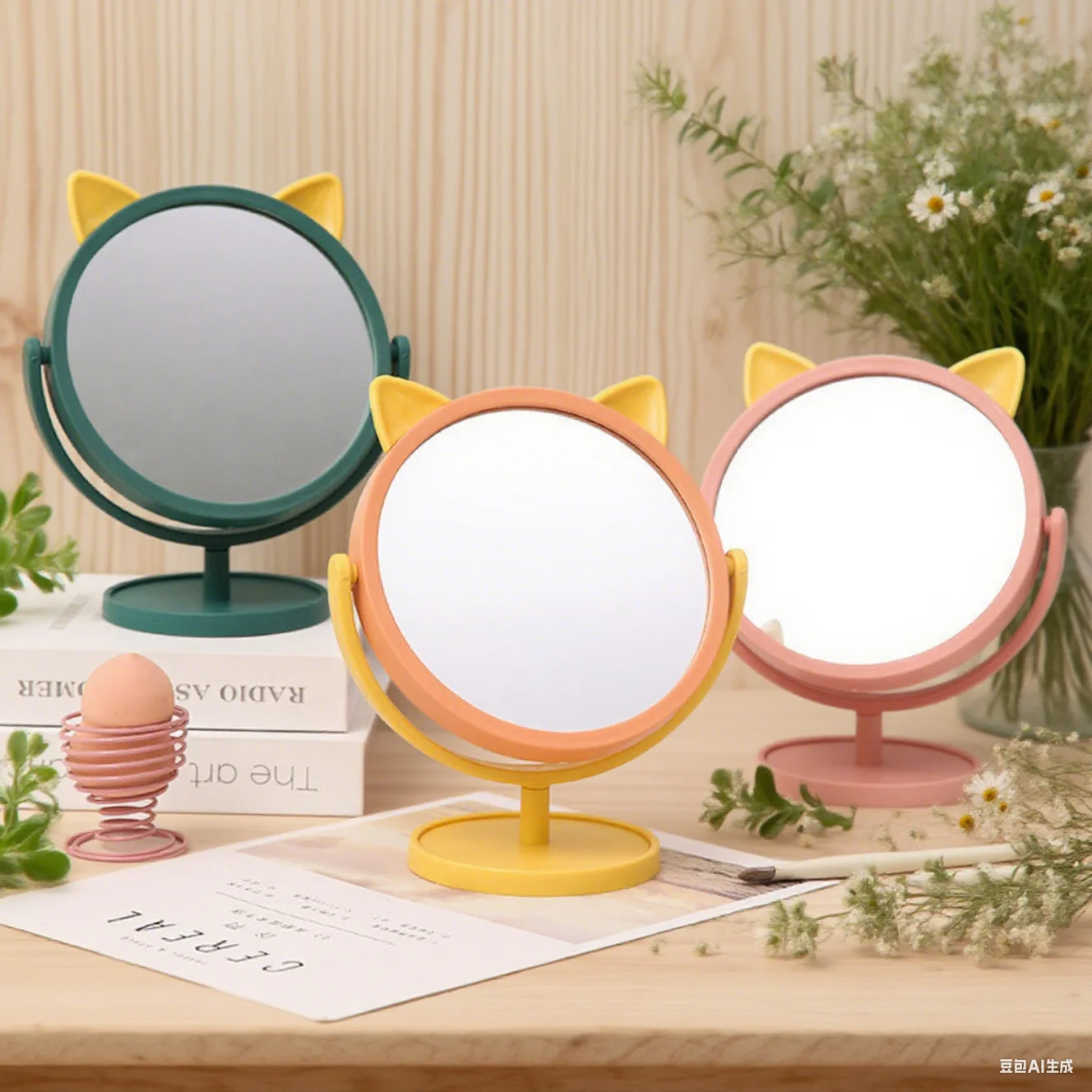 مرآة مكياج مستديرة على شكل أذن القطة قابلة للتعديل تدور 360 درجة مرايا مقاومة للكسر ديكور منزلي محمول على سطح الطاولة