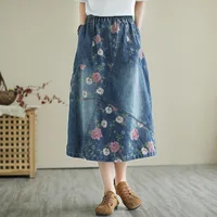 Waed Denim Mid-Length Elastic Waist Loose f Skirt Fre Sle Embroidered Patchwork Japanese New Model Women's Skirt - Image 3