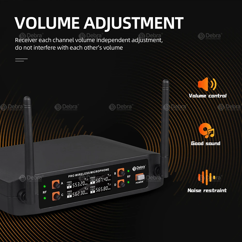 데브라 KV04 4채널 UHF 무선 마이크 시스템 (마이크 4개 포함), 장거리 260피트, 노래방 파티, 교회, 무대 공연용