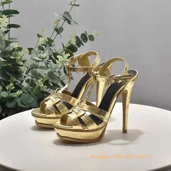 Platform Braided Sexy Ladies Roman Sandals 2024 Summer New Fashion Catwalk Stilettos 9Cm/14Cm Solid Color Buckle Wedding Shoes