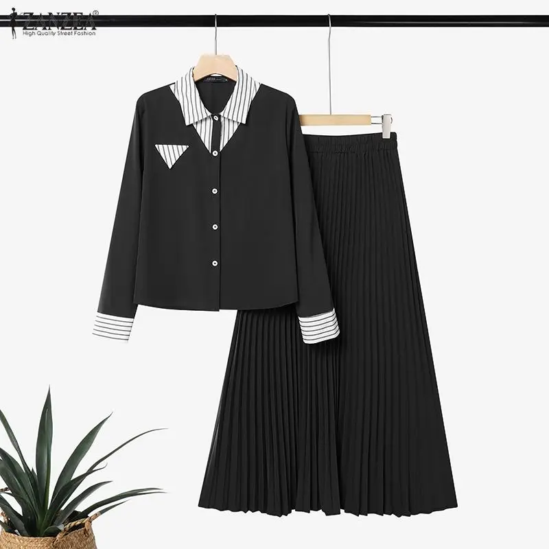 ZANZEA Autumn Outfits Muslim Women Striped Patchwork Long Sleeve Shirt With Pleated Maxi Skirt Elegant Modest 2 Pieces Sets 2026
