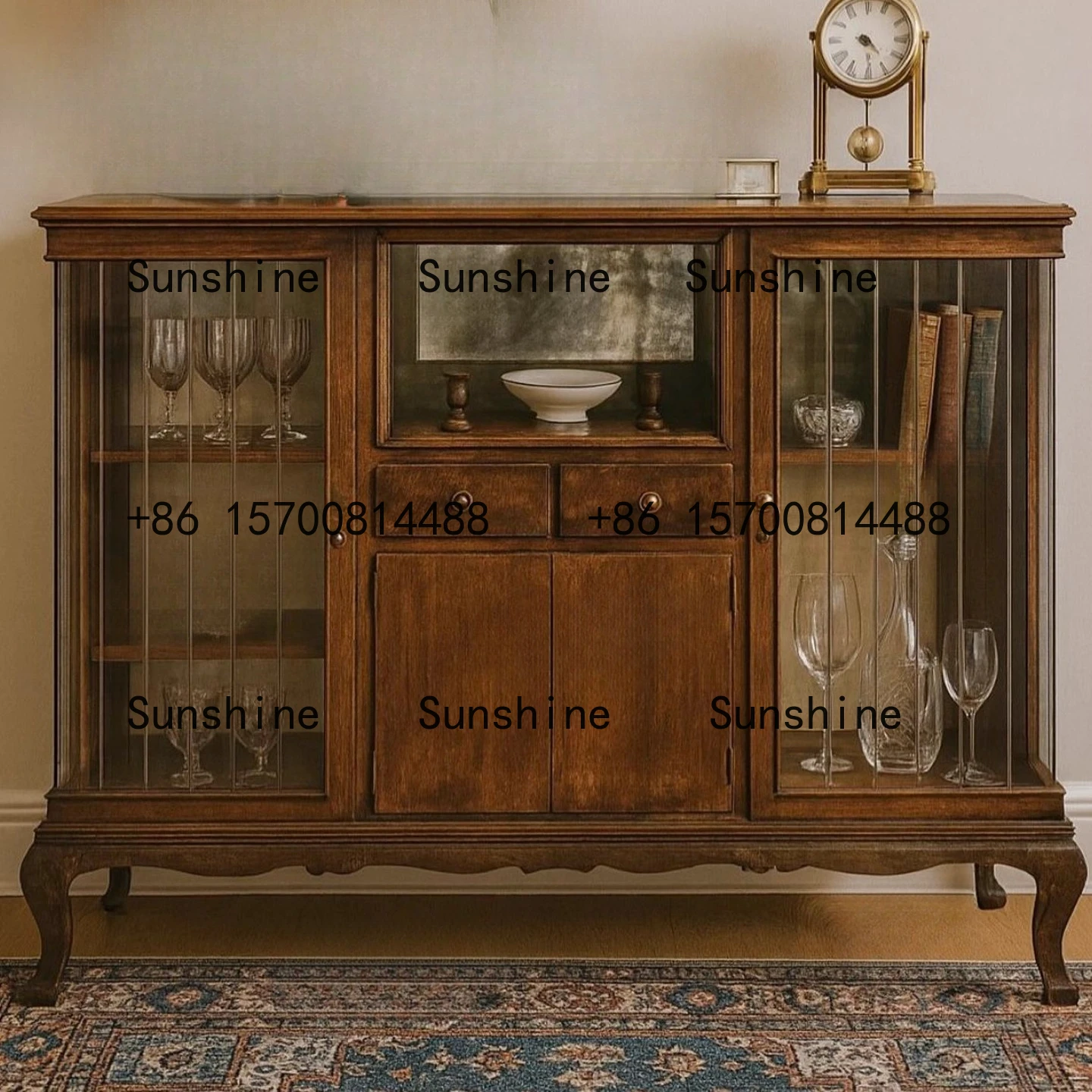 

American large and small apartment retro solid wood dining side cabinet, glass door display cabinet