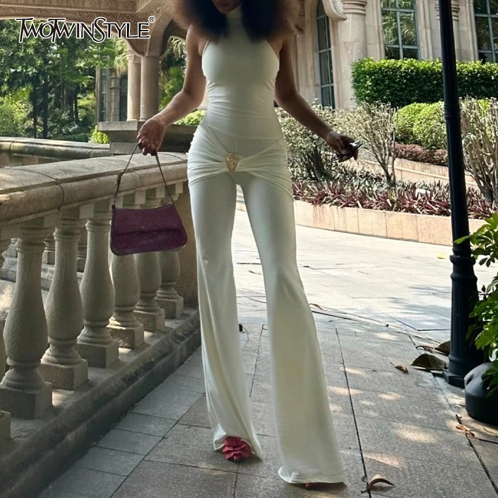 

TWOTWINSTYLE Solid Slimming Jumpsuit for Women O Neck Sleeveless High Waist Temperament Mini Dress Female Fashion