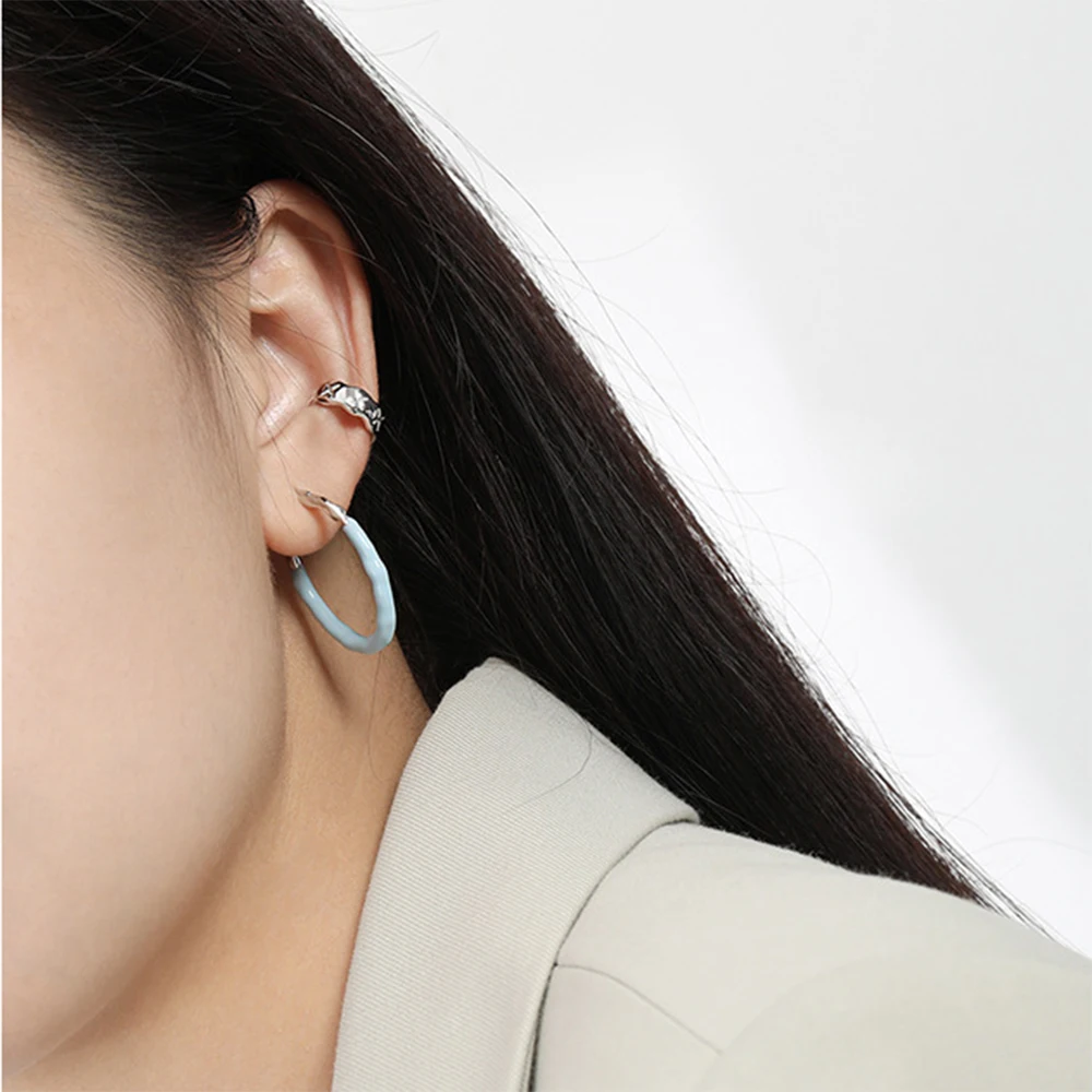 ANDYWEN 925 Sterling Silver Ovals Enamel Blue White Hoops Women Luxury Circle Loops Rock Punk Clips 2022 Women Wedding Jewels