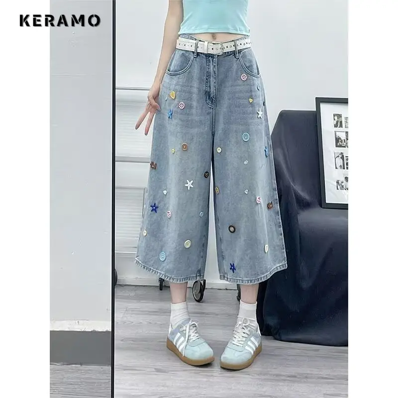 

Street Y2K 2000s High Waist Blue Jeans For Women Eclectic Straight Denim Trouser Casual Sweet Appliques Calf Length Pants