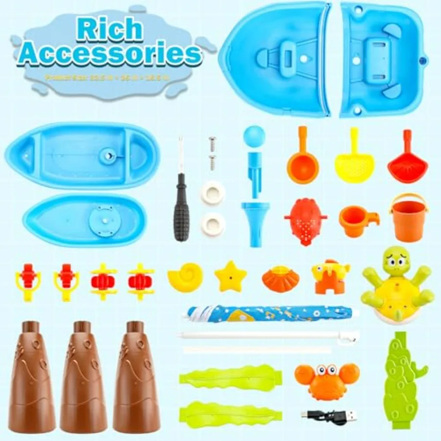Outdoor water table for toddlers 1-3 and kids 4-8, 3-tier sand and water sensory play toy with fishing game set, blue plastic,