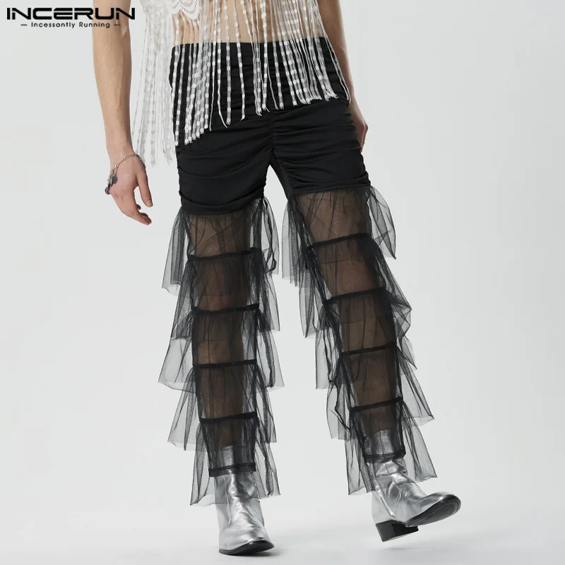 

INCERUN 2024 American Style Pantalons Sexy Men Splicing Mesh Layer Yarn Design Pants Stylish Streetwear Male Thin Trousers S-5XL