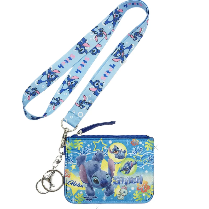 Disney Cartoon Coin Purse Cute Stitch Hanging Neck Long Rope Card Coin Storage Bag Mini PU Anti-lost Child Wallet Child Gift