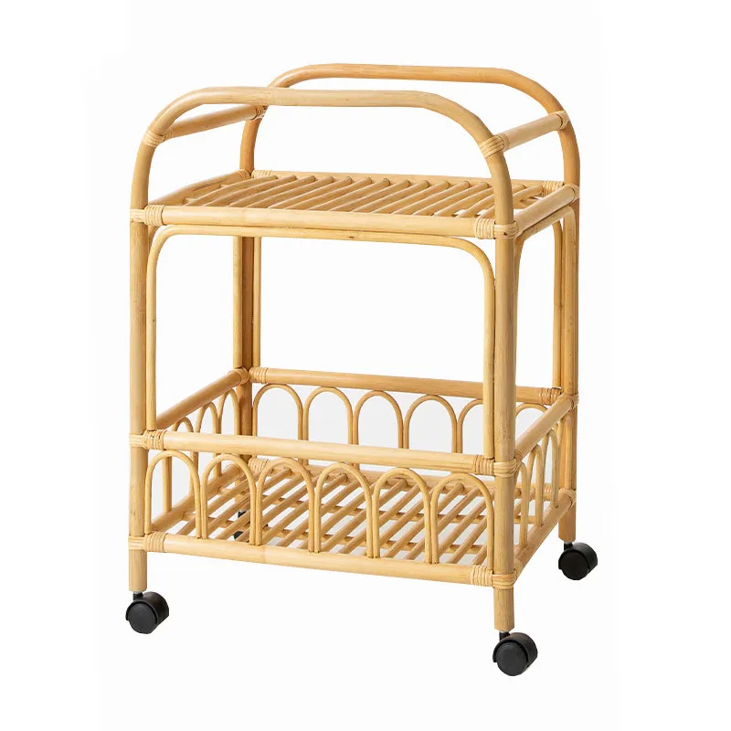 Rattan Small Pushcart Shelf Bedroom Wheels Living Room Table Corner Cabinet