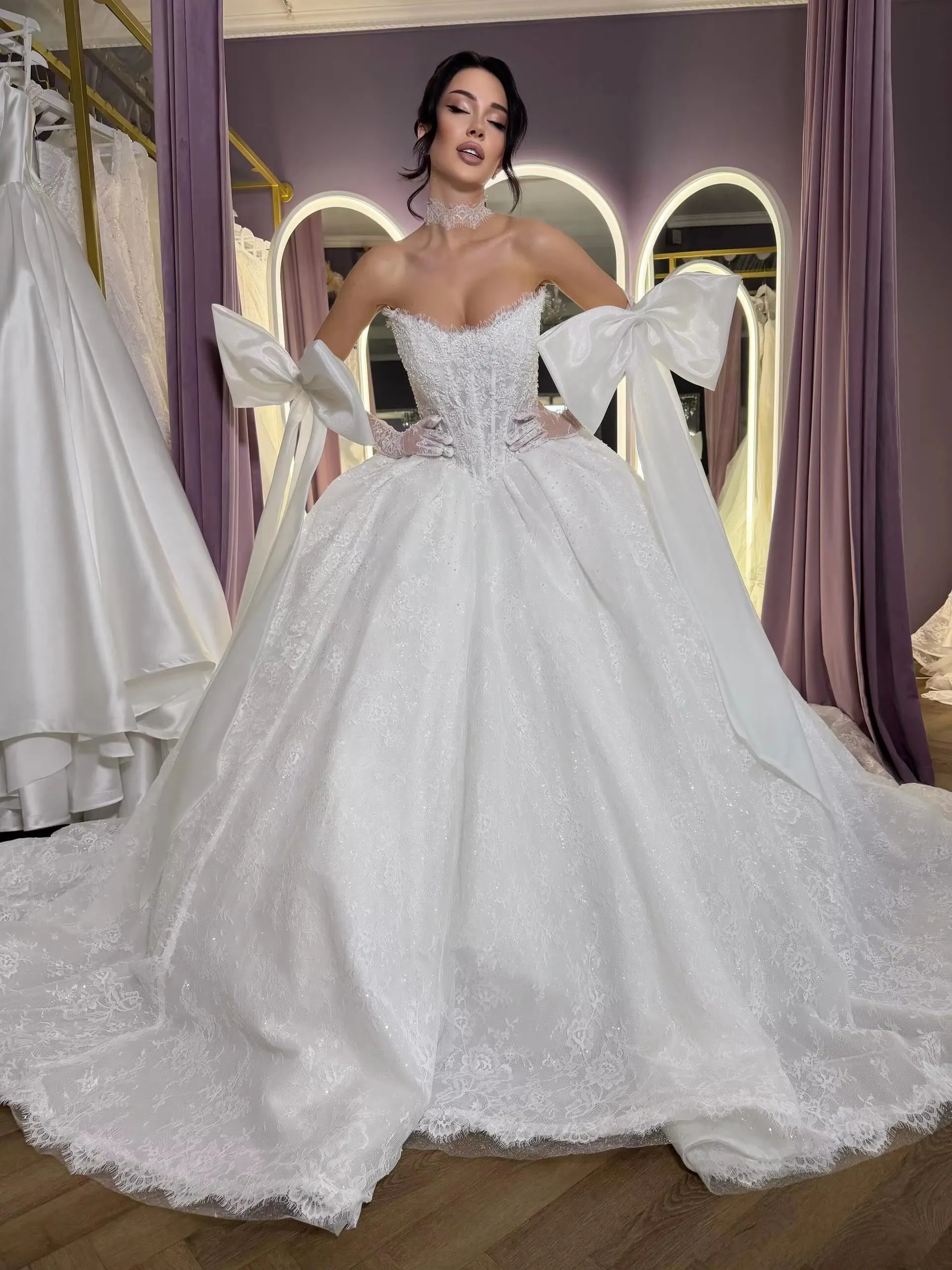 Elegant Lace Wedding Dress Detachable Satin Large Bow Strapless Lace Sleeveless Beads A-line Church Bridal Bride Gowns Vestidos