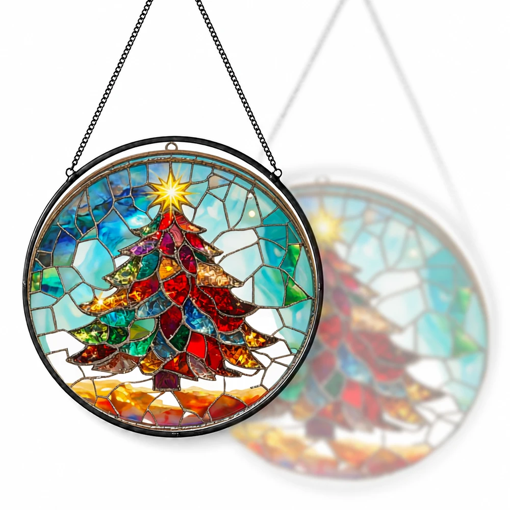 Stained Glass Suncatcher Round Tropical Sunset Beach Palm Tree Hibiscus Flower Window Hanging Decor Home Garden Gift