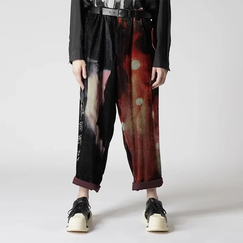 YOJI OOAK التصميم الأصلي تصميم اللون الأحمر والأسود التباين غير المتكافئة طباعة فضفاضة نمط الظلام السراويل عارضة #1