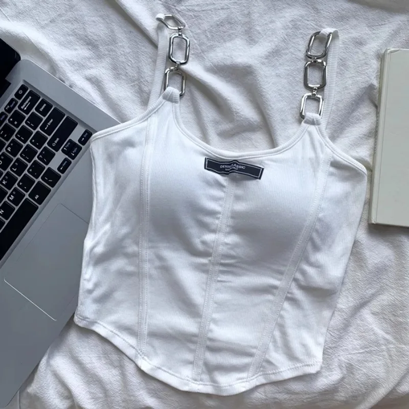 Y2k corrente punk gótico camis colete inferior com sutiã copo sexy quente feminino verão regata streetwear sólido verão branco azul roupas