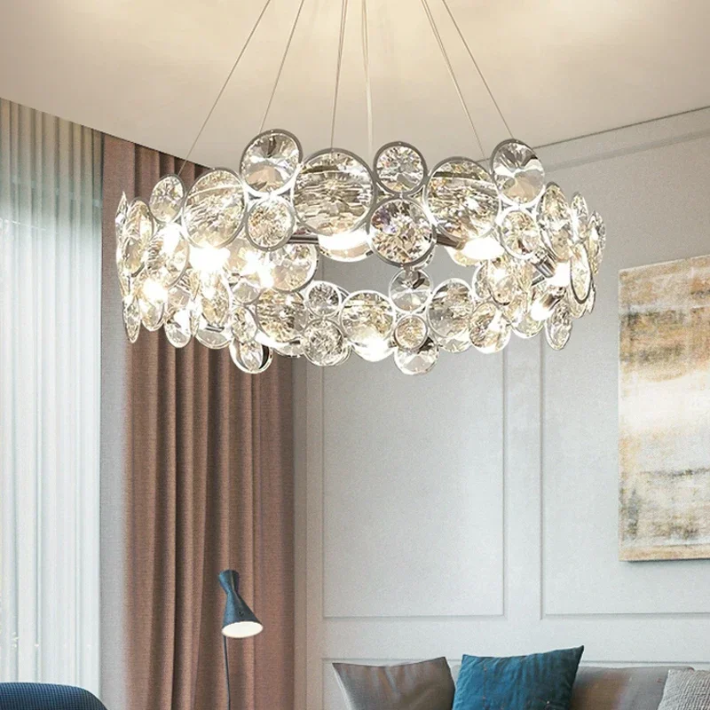 Modern Luxury Crystal Lamp Led Chandelier for Living Room Bedroom Dining Room Chrome Silvery Round Ring Design Pendant Light