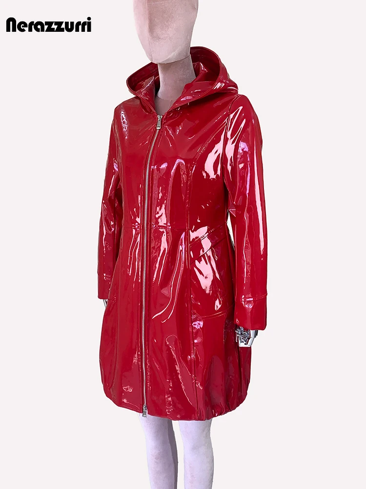 Nerazzurri Spring Fitted Waterproof Shiny Reflective Black Patent Faux Leather Jacket Women with Hood Zipper Red Autumn Clothes