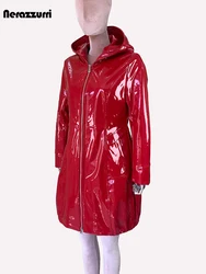 Nerazzurri Spring Fitted Waterproof Shiny Reflective Black Patent Faux Leather Jacket Women with Hood Zipper Red Autumn Clothes