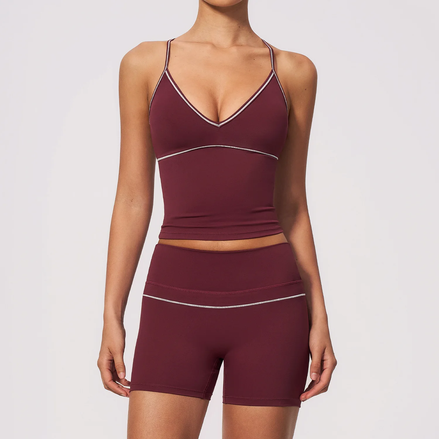 Women 2Piece Yoga Set V Neck Longline Crop Top and V Back Biker Shorts Butt Lifting Gym Workout Activewear Suit Female Sportwear
