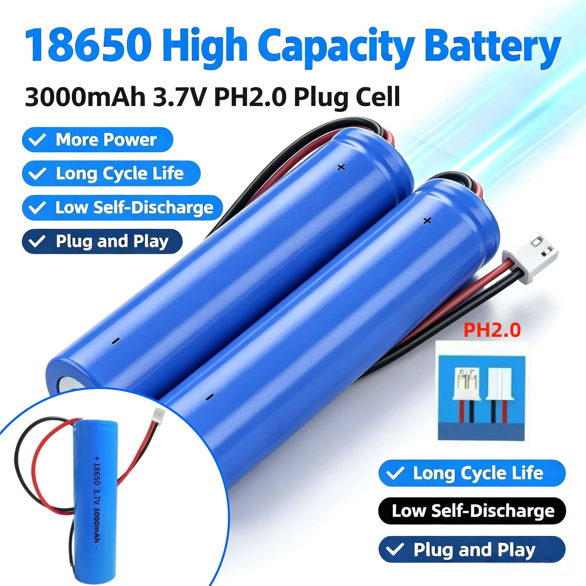 1-10PCS PH2.0 Plug 18650 lithium ion Rechargeable Battery 3.7V 3000mAh With PCB For Speakers, Radios, Headlights, Toys, Etc.4.2V