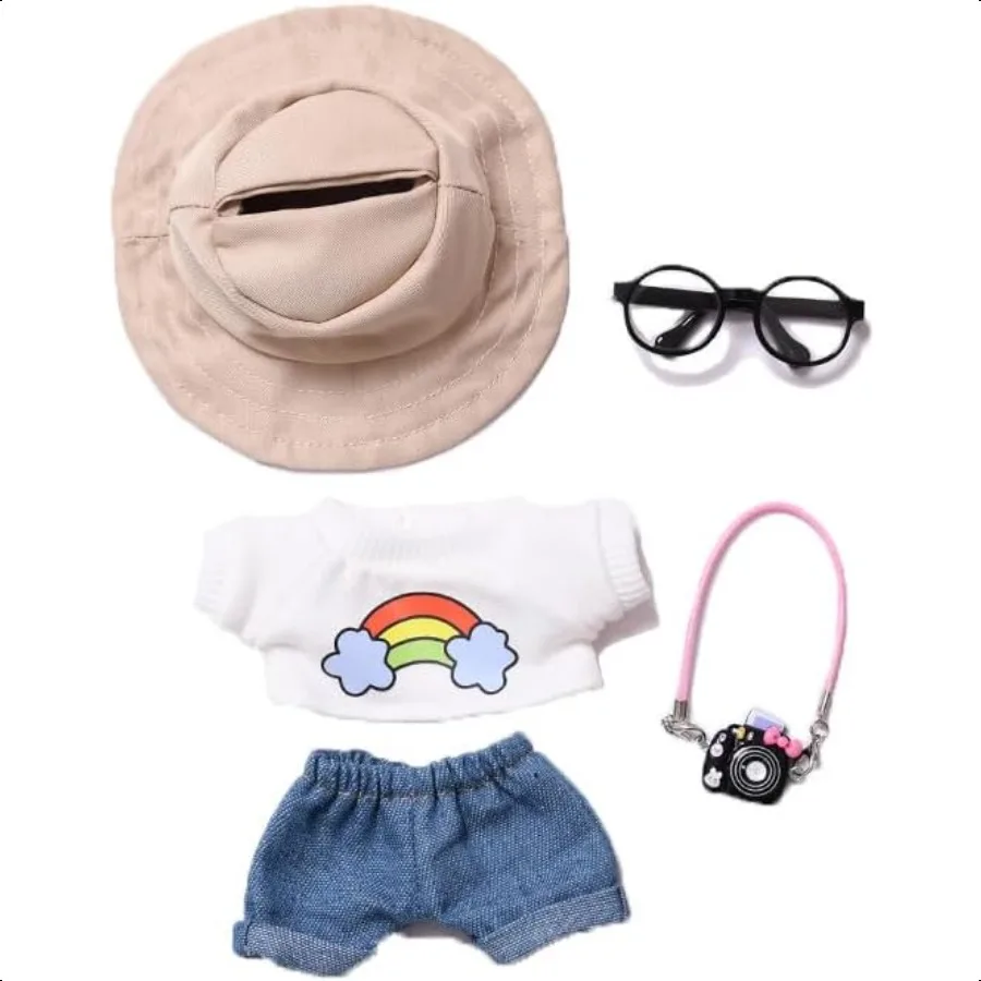 

Doll Clothes Compatible with Labubu 17cm 5 Piece Outfit Set with Fisherman Hat Rainbow TShirt Denim Jeans Black Camera Glasses