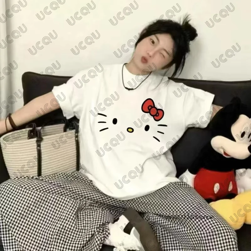 صيف جديد الكورية لطيف الكرتون مرحبا كيتي تي شيرت مطبوع للنساء القطن قصير الأكمام س الرقبة تيز ملابس الشارع الشهير Y2K القمم #2
