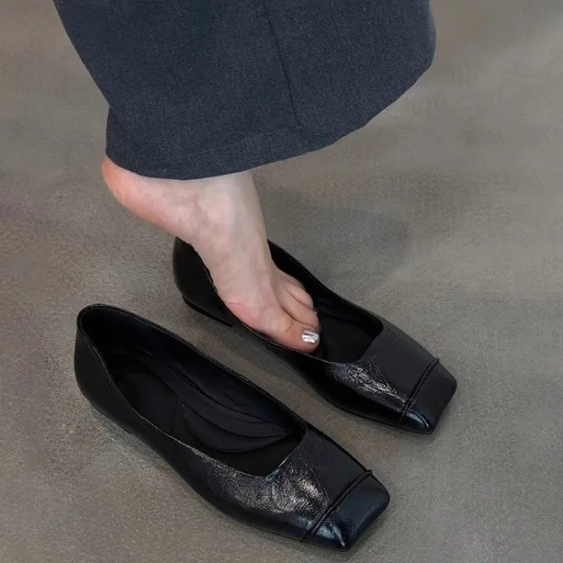 

New Fashion Women's Square Toe Ballet Shoes Single Shoes Spring/Summer Comfortable Office Shoes Soft Cow Leather Square Toe Flat