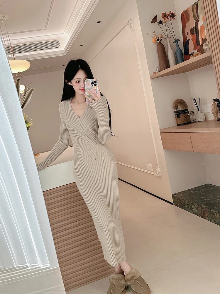 

Женская шерстяная вязаная кофта с V-образным вырезом, длинным рукавом, теплая, облегающая, базовый слой, ручная вязка, однотонная, повседневная, модная