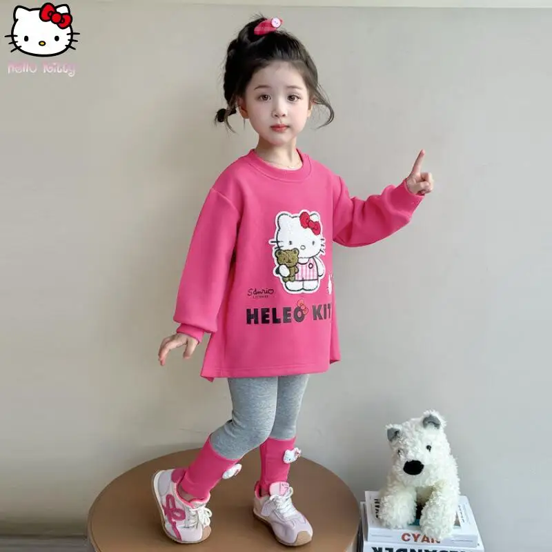 

2pcs New Style Girls' Fashion Sweet Sweatshirt Set Casual Comfort Leggings Hello Kitty Girls' Spring and Autumn Cartoon Hoodie