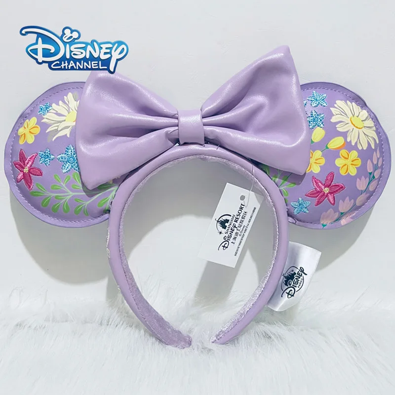 Disney PU Leather Mickey Ears Headband Disneyland Park Embroidered Flowers Pale Purple Minnie Mouse Headwear