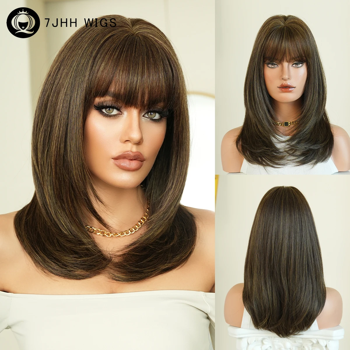 

7JHH WIGS Shoulder Length Straight Cool Brown Wig for Women Synthetic Layered Modest Fashion Wear and Go Wigs with Neat Bangs