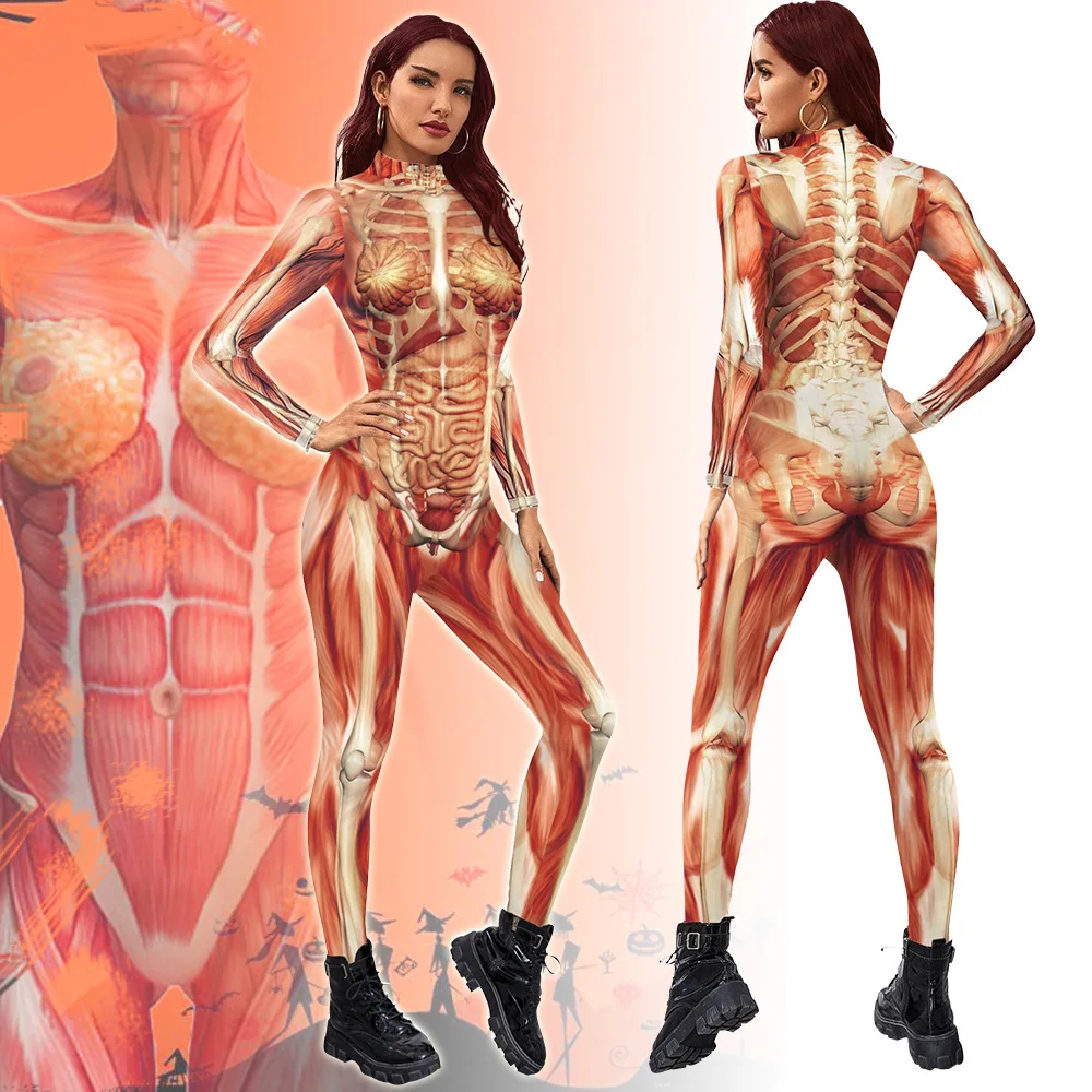

Women Human Body Muscle 3D Print Jumpsuit Elastic Tight Bodysuit Halloween Cosplay Costumes Party Role Play Dress Up Outfit