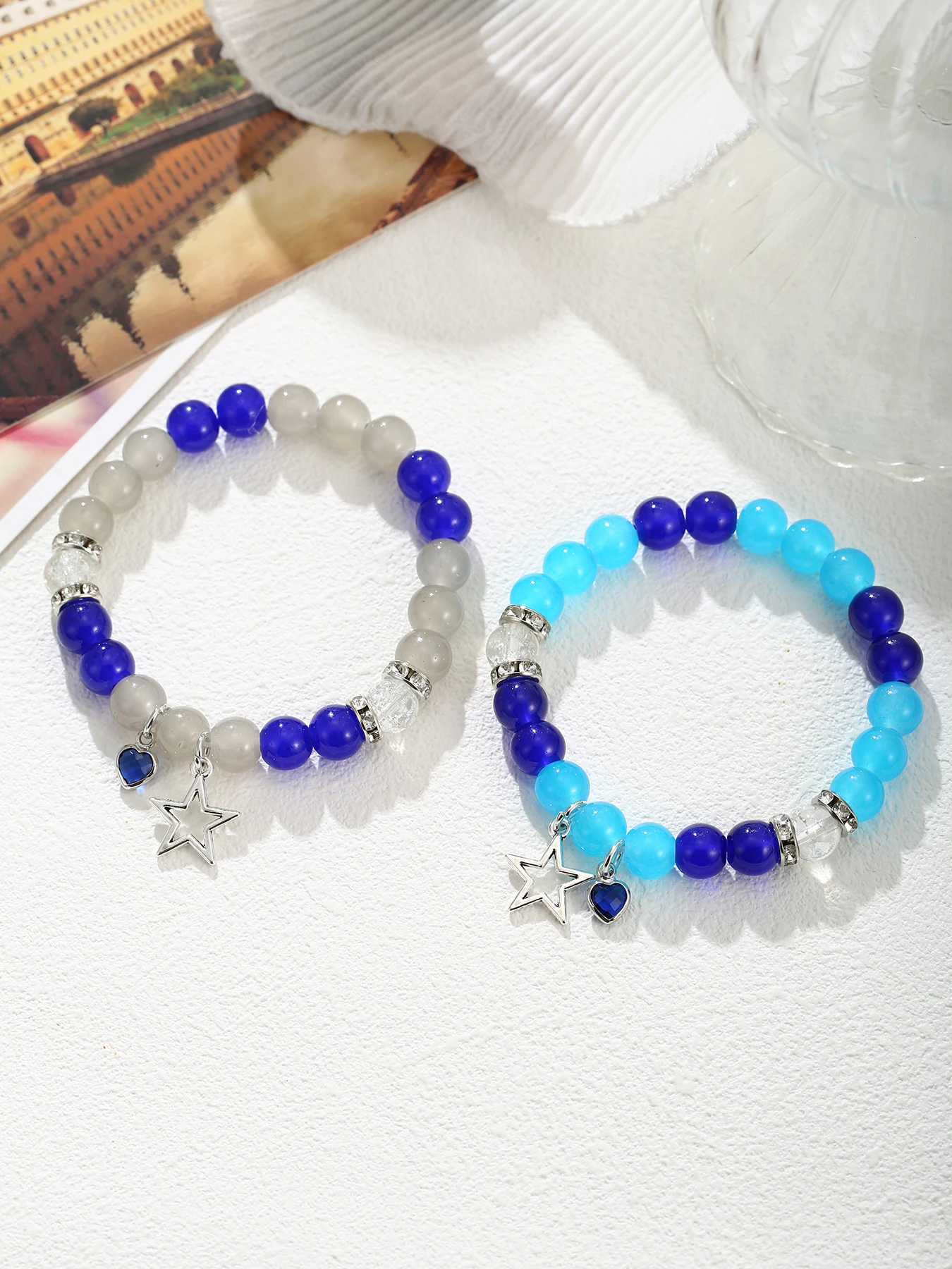 2 Pcs of Couples Fashion All-matching Gray and Blue Beaded Bracelets, Stars Pendant Elastic Retractable Bracelets