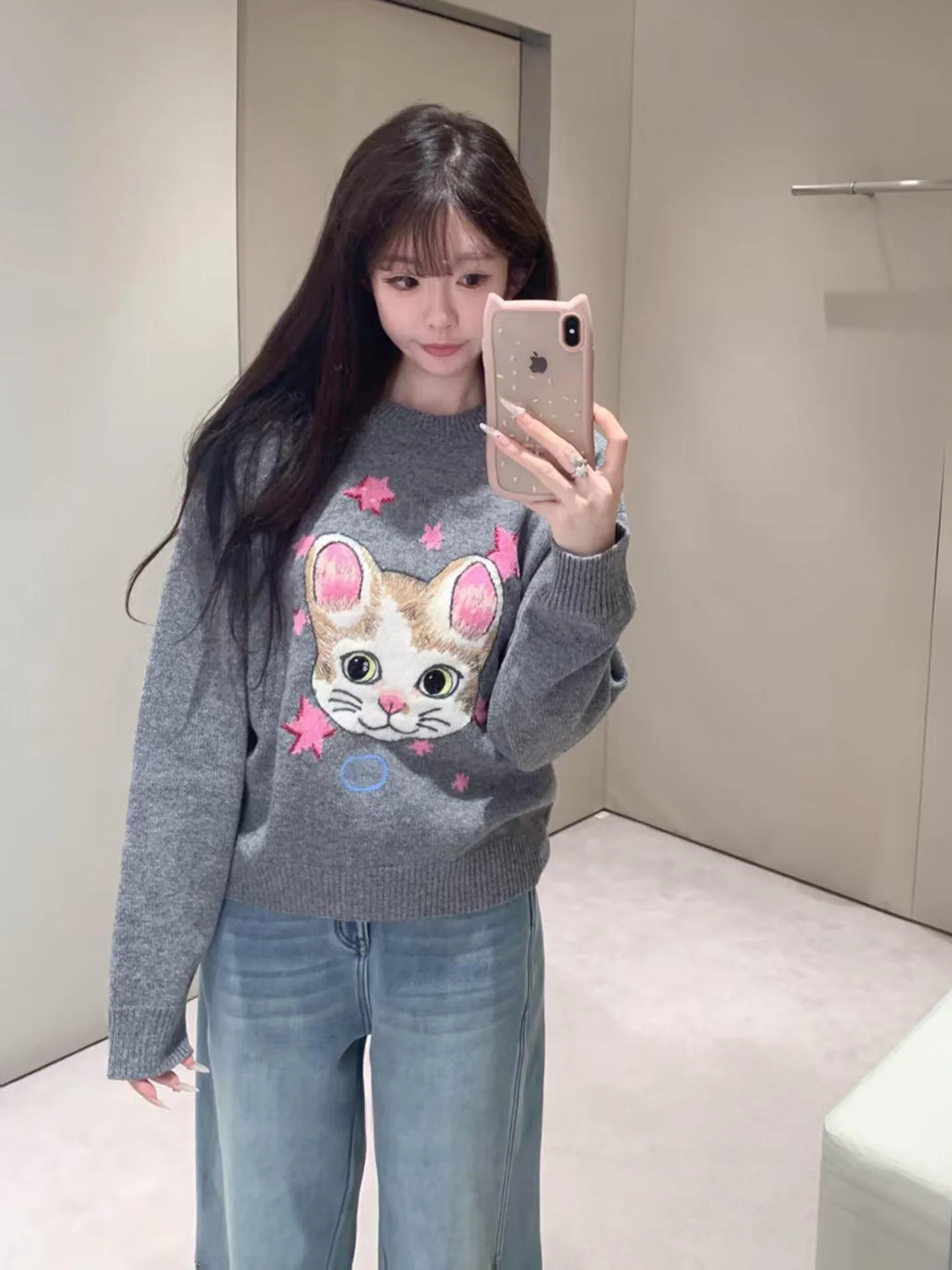 

MUAUU Gir115 Версия Super Cute: Модный шерстяной джемпер с длинным рукавом, вышивкой и круглым вырезом для весеннего сезона