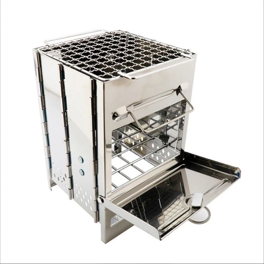 Stainless Steel Mini Wood Stove with Storage Bag Firebox Opening Backpacking BBQ Grill Portable Fireplace Folding Fire Pit Stove