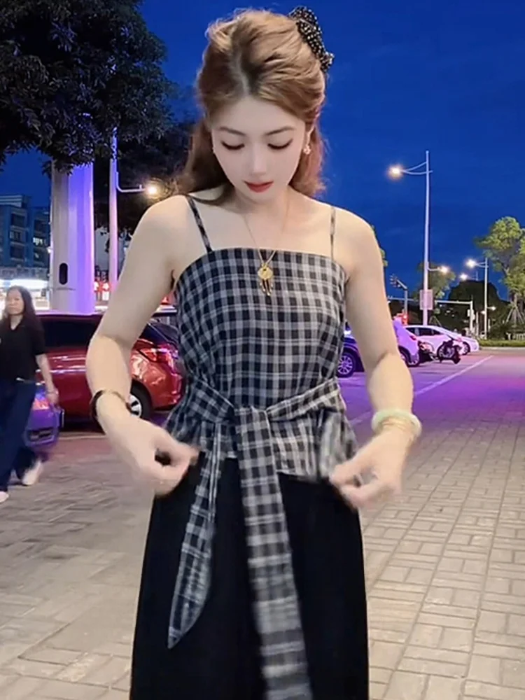 

2025 Summer New Sle Korean Plaid Asymmetrical Strap Vest Women's Ele Waist-Cinching Top Faionable Outerwear