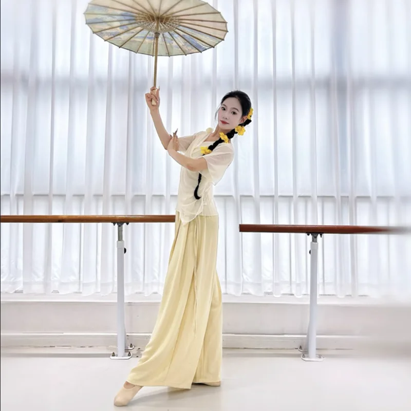 

Классические танцевальные брюки Китайский народный национальный танцор Практика Брюки Широкие струящиеся брюки-кюлоты с поясом Body Rhyme Modern