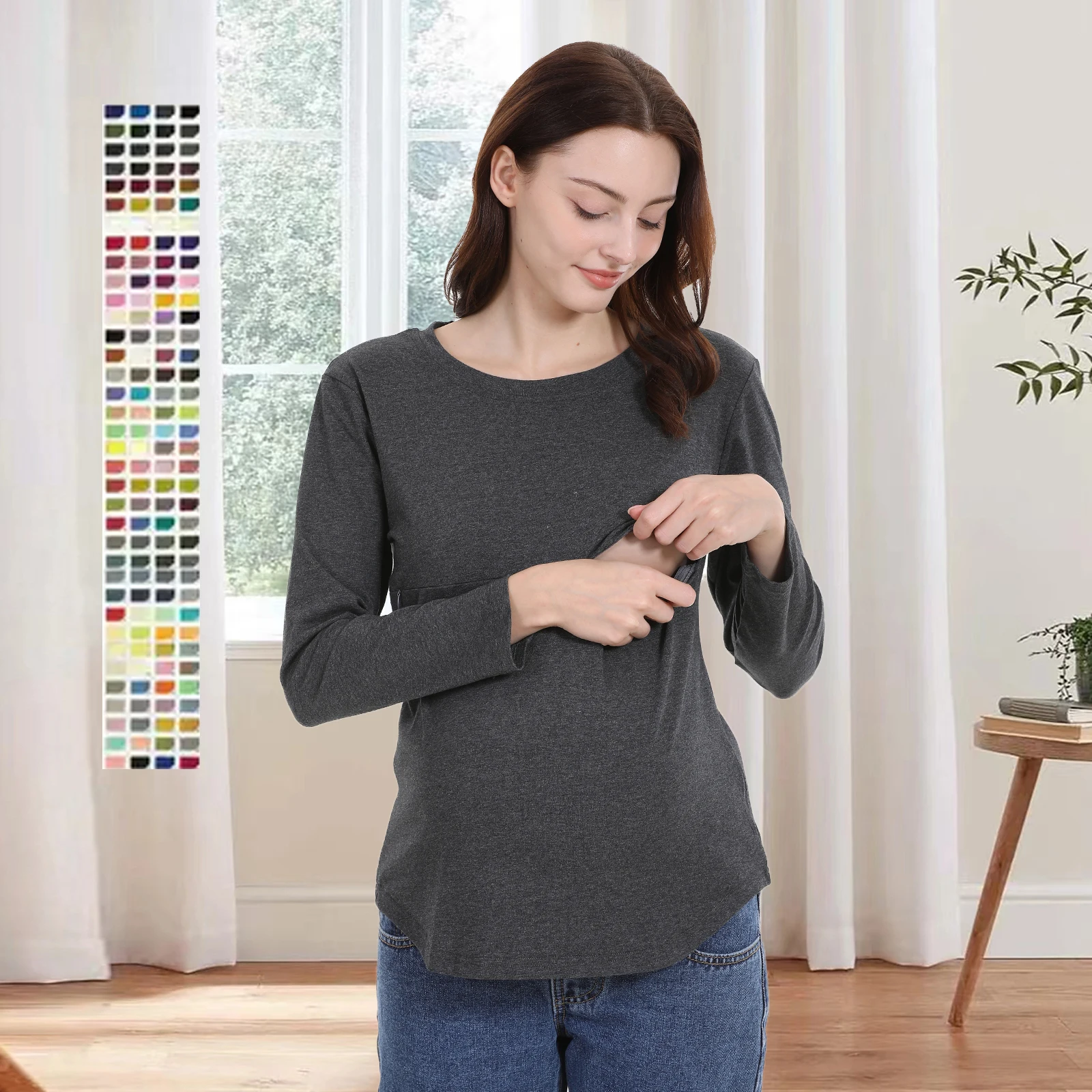 Ropa de maternidad, camiseta de manga larga para amamantar, camiseta de lactancia con cremallera Horizontal, Top de lactancia de algodón de talla grande para primavera y otoño