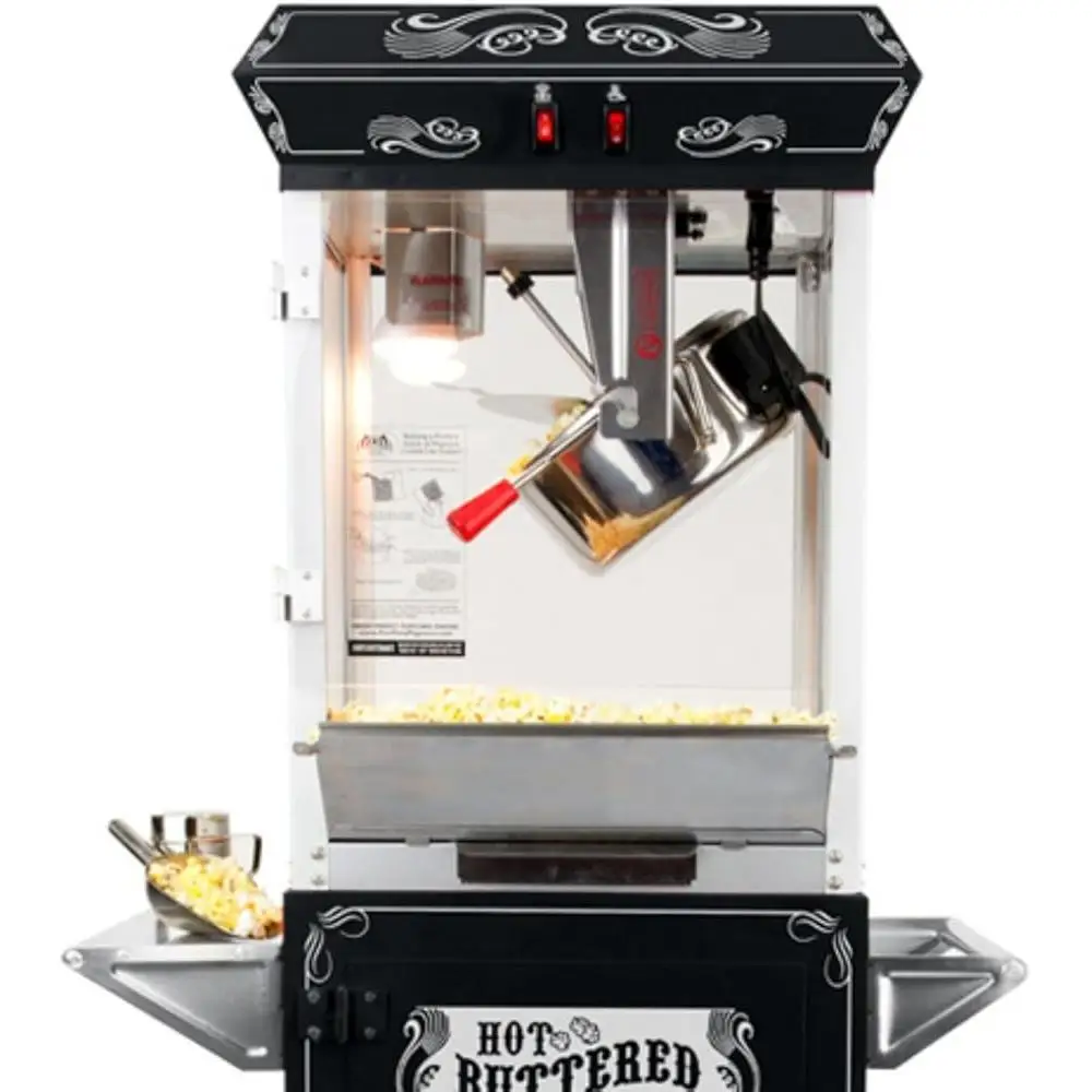 Carro de máquina de palomitas de maíz de aceite caliente, hervidor de acero inoxidable, paneles de vidrio, calentador incorporado, compartimento de almacenamiento ligero, fiestas y eventos