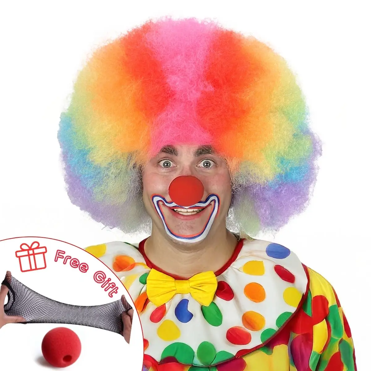 

Colorful Fluffy Large Afro Wig with Red Nose & Hairnet: Bold Party Cosplay Set, Includes Secure Hairnet for Stable Wear